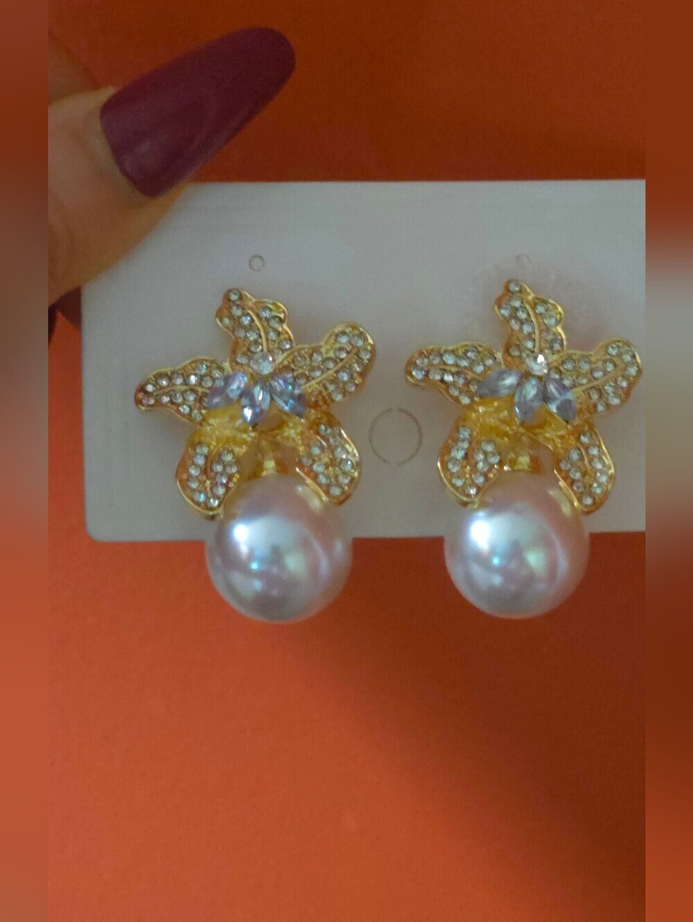 Gold Flower Pearl Drop Earrings with Clear Crystals Like Rhinestone